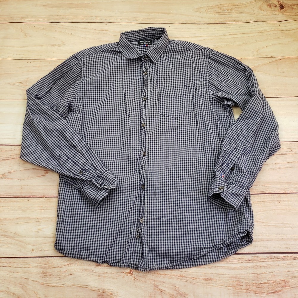 Trouvaille Paris Shirt‎ Mens Large Blue Long Sleeve Gingham Checkered Button Up